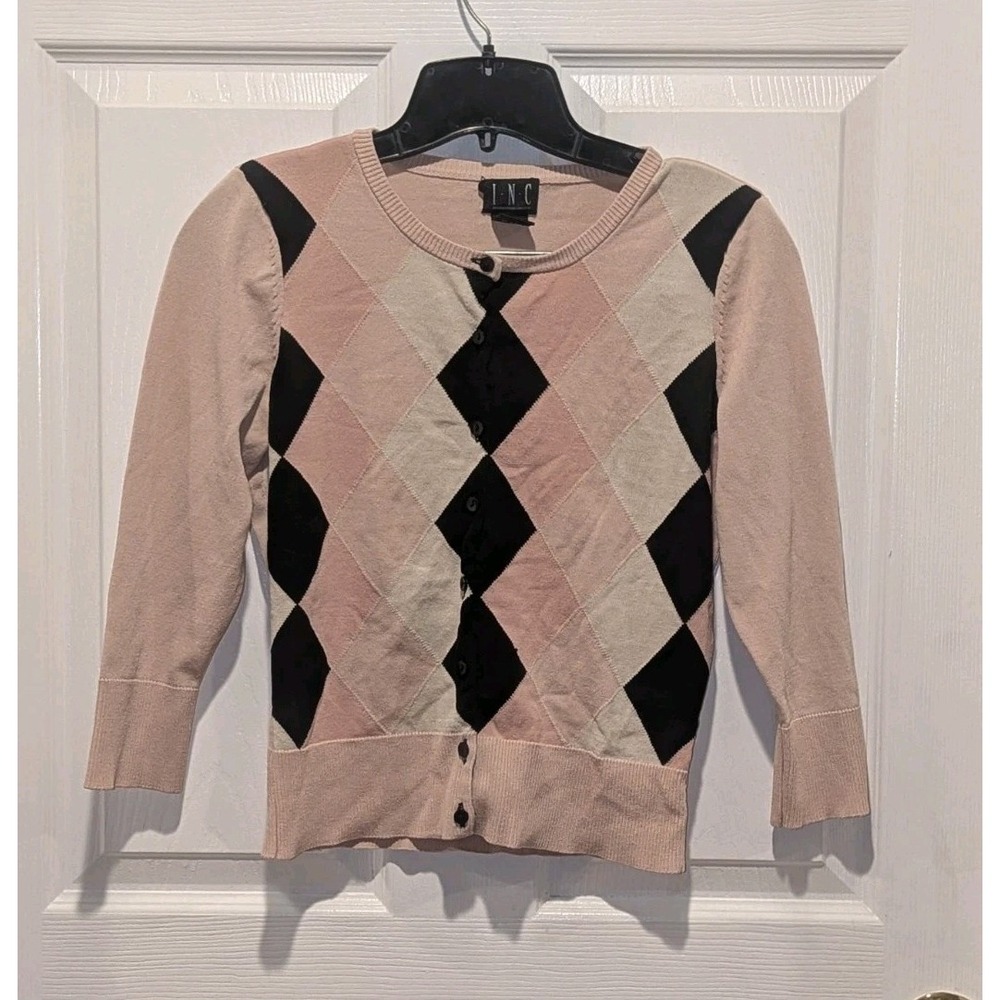 Y2K Preppy Silk Blend Argyle Cardigan Pink Black INC Size Small